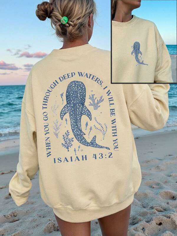 SHEIN EZwear Casual Minimalist Vacation Beach Shark Graphic Print Round Neck Loose Long Sleeve Hoodie For Women