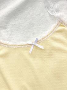 Teenager Mädchen Spitzen Schleifen Besatz geripptes Trägerhemd, bequeme Stretch, kombinierbar mit tief sitzenden Shorts, geeignet für Frühling und Sommer, cool, Basic, täglich, vielseitig, Sport Mode Sommer Oberteile, Schulanfang Saison, Schuluniformen