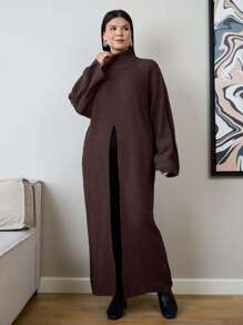 EURMUSE Plus Size Women's Solid Color High Neck Raglan Sleeve Split Hem Long Sweater - Brown - View 5