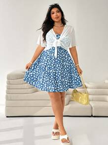 SHEIN EZwear 2pcs/Set Plus Size Women Casual Comfortable Blue Dress & Cover Up Set, Spring/Summer It Is Suitable For Dates, Casual Holidays, Can Be Worn Alone, And Can Be Paired With Long Coats In Autumn. - Blue - View 5