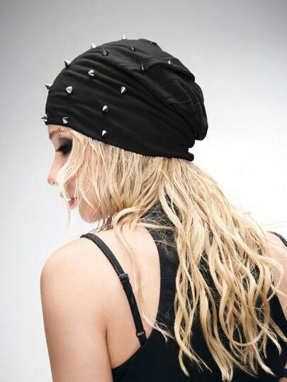 Grunge Punk 1pc Punk Style Lightweight Rivet Decorated Beanie, High-Quality Y2K Vintage Solid Black Warm Fold-Over Hat, Fashionable Daily All-Season Wear