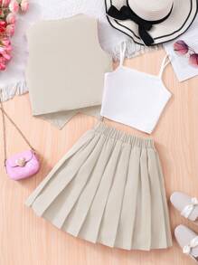 SHEIN Conjunto de 3 piezas para niñas preadolescentes: Top de camisola blanco, chaleco de escote en V y falda plisada, ropa de oficina elegante