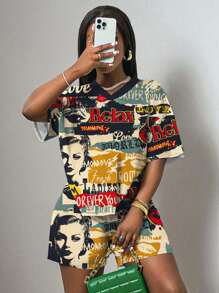 Slaydiva 2pcs 2025 Spring/Summer Jersey Casual Outfit, Retro Poster Print Women's Set - Multicolor - View 3