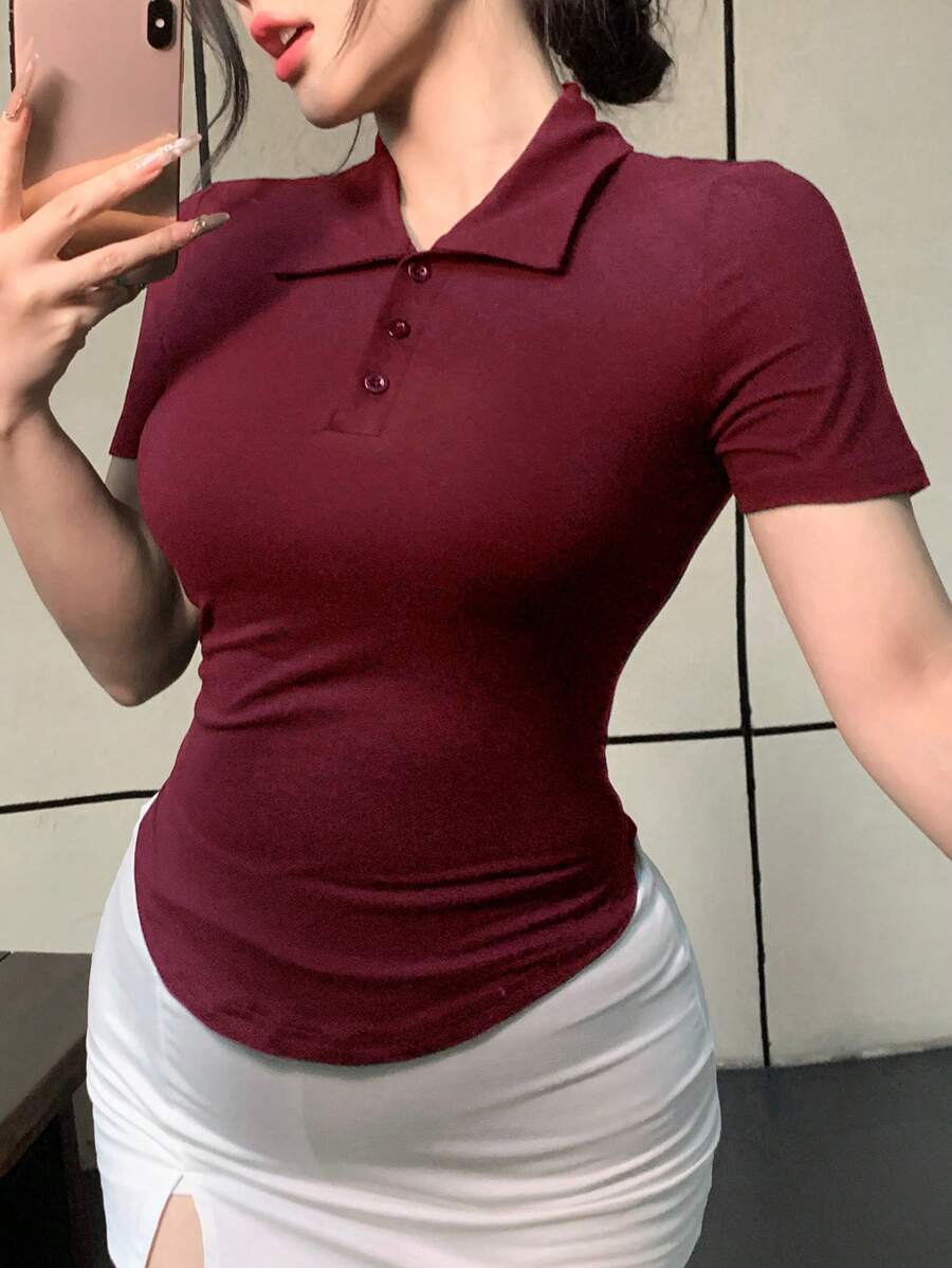 DAZY Women's Sexy Slim Fit Lapel Short Sleeve T-Shirt, Summer,Back To School Clothes Preppy Tops - Burgundy - View 1