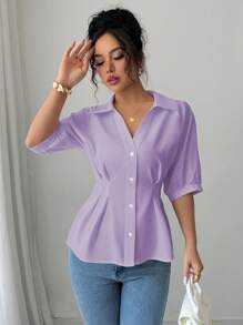 Franclia Blusa con escote en V blanca de manga corta y cintura ceñida, diseño único para verano - Morado - Ver 5