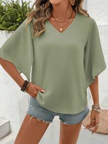 SHEIN LUNE Women's Casual Plain V-Neck Blouse - Olive Green - View 4