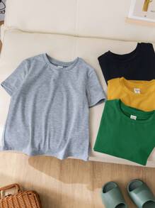 SHEIN 4 stuks/set voor jonge jongens, casual, veelzijdige zachte katoenen effen T-shirts met ronde hals en korte mouwen, multipack