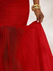 Opulessa 1 件女士纯色针织网眼露肩修身鱼尾裙