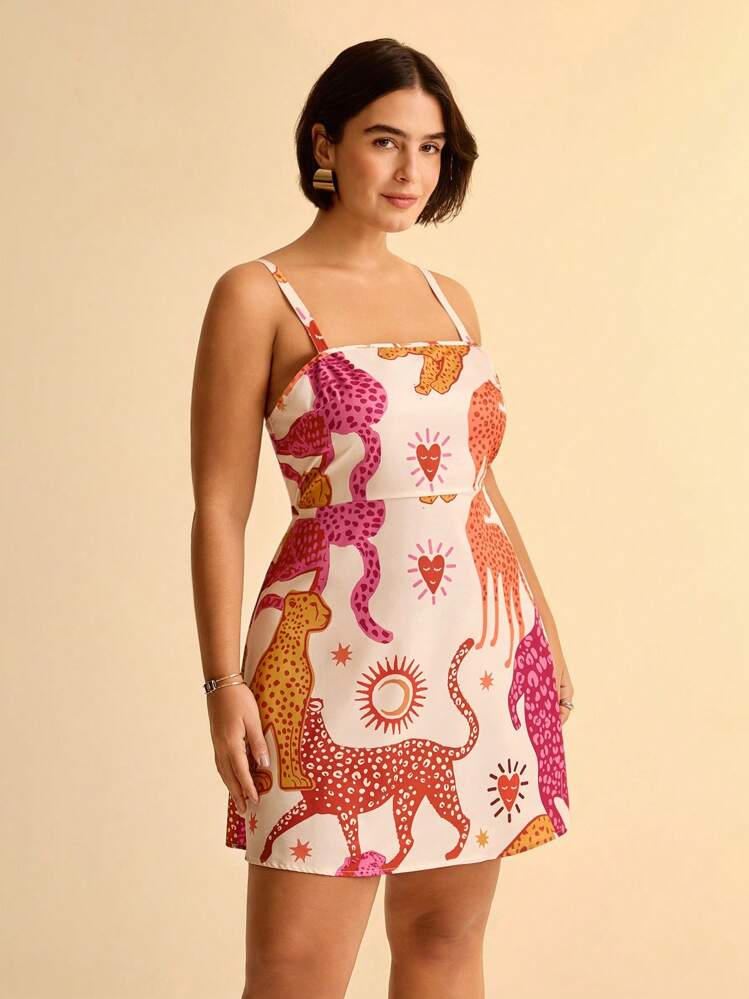 CAJUNI Vestido Casual Curto Estilo Boho Tropical Bloco de Cores Estampa Animal Plus Size para Mulheres no Verão - Multicolorido - Visão 1