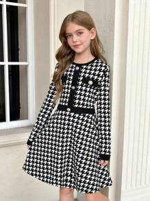 SHEIN Vestido informal de manga larga elegante y ajustado para la escuela con cuello redondo, decoración de botones y diseño de patchwork de pata de gallo para niñas preadolescentes, de vuelta a la escuela