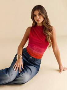 SHEIN BAE Body sin mangas con estampado degradado plisado y asimétrico para mujer, body de verano