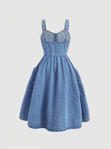 SHEIN Girlism Tween Girls Summer Casual Solid Color Denim Long Dress With Big Pockets And Front Buttons,Graduation Dress,Summer Beach Boho Vacation Sun Dress, Summer Concert Festival Casual Rave Outfits, Girls Summer Brunch Graduation Outfits