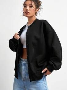 SHEIN EZwear Solid Drop Shoulder Bomber Jacket,Ladies Spring/Fall Casual Button Drop Shoulder Baseball Collar Oversized Black Plain Women Jackets,Casual Daily Wear - Black - View 4