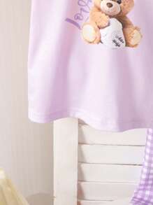 SHEIN 2件組女嬰幼兒新生兒0-3歲休閒可愛熊圖案短袖T恤與長褲套裝，春/夏 - 紫色 - 查看 4