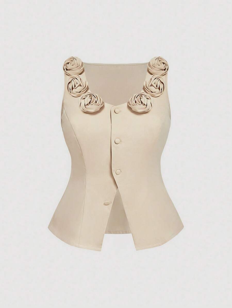 SHEIN MOD Plus Size 3D Floral Sleeveless Top, Festival, Work, Retro Elegant, Summer Top - Apricot - View 1