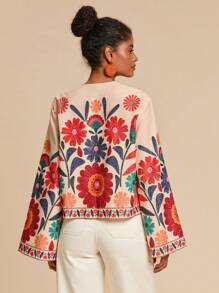 Travachic 度假印花宽松长袖女式衬衫，编织图案印花，休闲夏日度假女士，波西米亚海滩，海滩必备，前中心绳带，俱乐部，适合度假，下午茶 - 彩色 - 查看 2