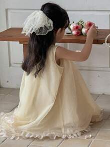 DAZY Young Girl Round Neck Bow Decor Elegant Birthday Party Sleeveless Mesh Dress, Girls Summer Outfits