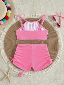 SHEIN Set di costumi da bagno per giovani ragazze, top canotta e pantaloncini di colore unito, modello delicato e carino