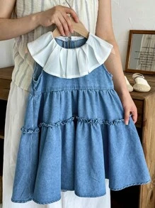 SHEIN LMoss Kids Young Girl' Ruffled Collar Blue Sleeveless Layered Cake Denim Dress - Light Wash - View 3