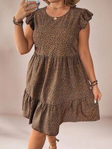 SHEIN VCAY Plus Size Round Neck Ruffle Hem Leopard Print Fashion Casual Dress,Beach Dress Sundress,Holiday Outfits Boho