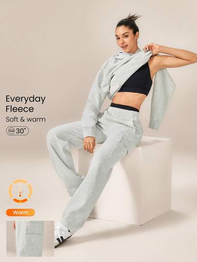 GLOWMODE 30'' Everyday Fleece Wide Leg Adjustable Drawstring Waist Cargo Joggers Pants Daily Casual Fall Winter