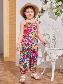 SHEIN Mono informal de pierna ancha con estampado floral para niña, estilo de vacaciones