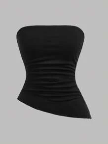 Girlism 少女三件套黑白蓝针织露脐抹胸上衣，腰部褶皱不对称下摆，百搭街头风运动抹胸上衣，女士无肩带上衣三件装夏季上衣 - 淺藍色 - 查看 9