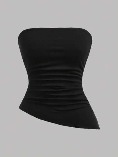 Girlism Bộ 3 món cho bé gái tuổi teen màu đen trắng xanh, áo ống croptop dệt kim có eo nhún bèo và gấu áo bất đối xứng, kiểu dáng đường phố đa năng, áo ống thể thao không dây dành cho nữ, bộ 3 áo mùa hè.