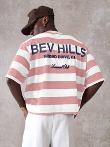 SUMWON 比佛利山庄罗迪欧大道夏季俱乐部超大条纹图案印花短袖圆领街头风 T 恤 - 粉色 - 查看 3