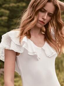Lumivelle GuavaGirl SummerHoliday  Women's Casual Romantic All White Ruffle Trim Solid Color Women Bodysuits Romantic - White - View 1