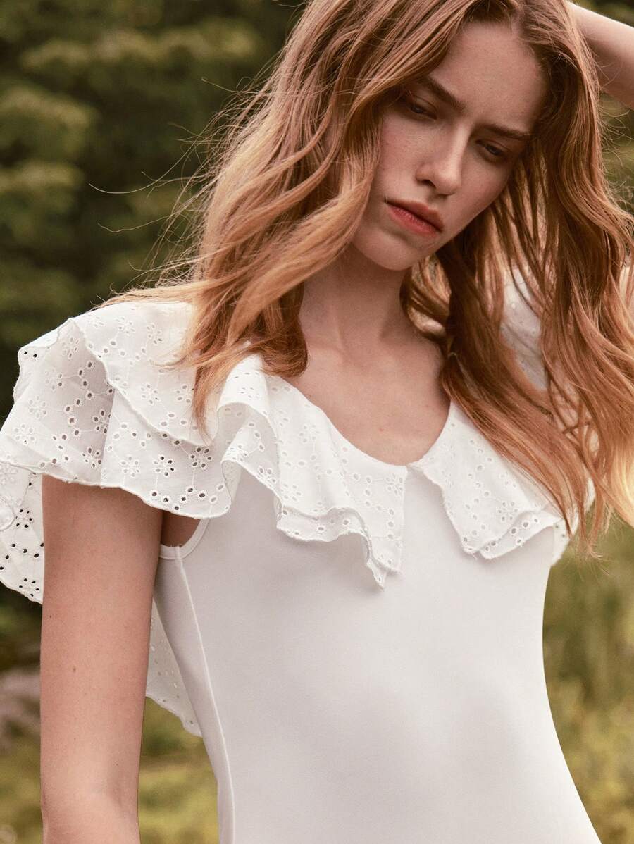 Lumivelle GuavaGirl SummerHoliday Women's Casual Romantic All White Ruffle Trim Solid Color Women Bodysuits Romantic - White - View 1