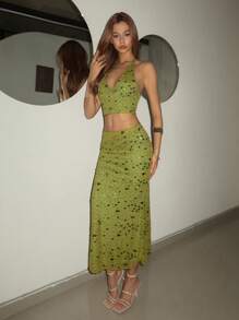 SHEIN ICON 2件夏季度假亮片绿色性感派对亮片女式串珠吊带上衣和低腰修身迷你裙套装 - 橄欖綠 - 查看 4