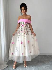 Chiquease 优雅刺绣网眼露肩合腰喇叭形蓝白中长连衣裙 - 玫紅色 - 查看 7