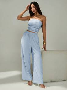 SHEIN PETITE Bộ 2 áo hai dây đơn giản hàng ngày màu trơn dành cho nữ và quần dài - Màu xanh nhạt - Xem 6