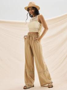 Easelle Women's Lace Patchwork Wide Leg Khaki Pants, Suitable For Travel & Outdoor - Khaki - View 2