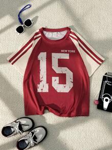 SHEIN Explorewe 撞色数字印花圆领短袖T恤 - 酒紅色 - 查看 3