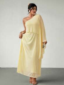 Firerie Váy dài bằng vải chiffon và lưới hai lớp rộng rãi không đối xứng cho mùa hè cỡ lớn, màu vàng; Thích hợp cho ngày lễ tình nhân, hòa nhạc, biểu diễn, hẹn hò, tiệc chiêu đãi cấp cao, vũ hội, đám cưới, gợi cảm, thanh lịch, đi làm, trở lại trường, kỳ nghỉ, bãi biển, lãng mạn, quý cô công sở, phong cách nàng tiên cá, tiệc sinh nhật - Màu vàng - Xem 2