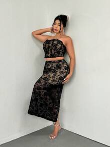 Firerie Plus Size Casual Elegant Vacation Beach Romantic Elastic Lace Patchwork Contrast Color Lining Tube Top And Skirt Set, Spring/Summer