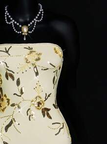 SHEIN ICON 女士亮片花卉图案紧身亮片装饰抹胸连衣裙 7 月 4 日女士服装 - 黃色 - 查看 12