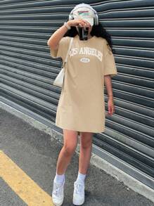 SHEIN 少女橄榄绿色个性化休闲宽松星星印花网眼紧身连衣裙，适合少女，适合节日、派对、生日、郊游，青少年超大 T 恤女孩街头服饰 T 恤连衣裙，街头服饰 - 卡其色 - 查看 6