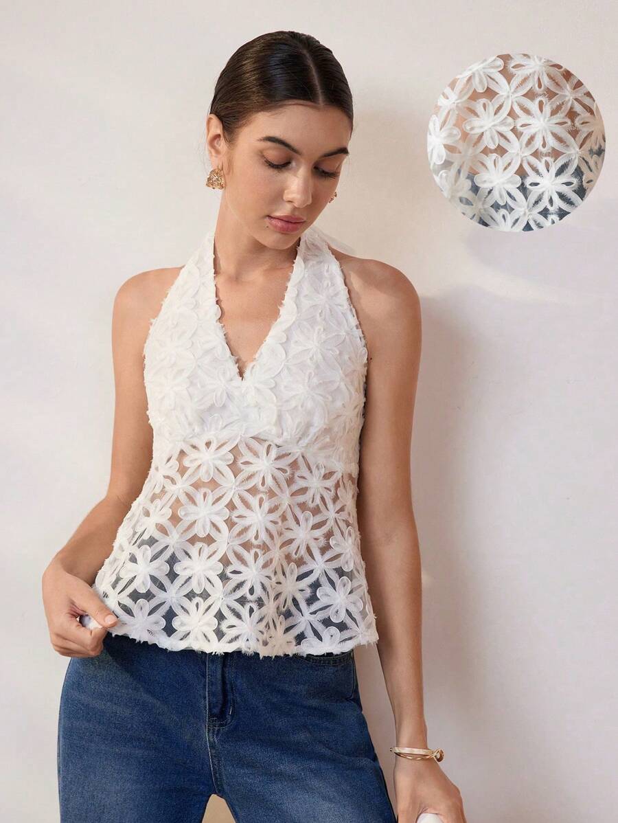 SHEIN Unity 休闲度假无袖提花花卉挂脖吊带背心 - 白色 - 查看 1