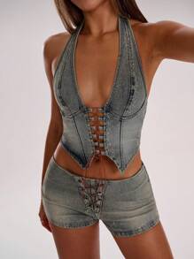 SHEIN BAE 夏季做旧复古洗水牛仔系带上衣 90 年代千禧一代可爱优雅休闲度假夏季派对演唱会牛仔上衣、女牛仔、俱乐部、度假、外出、系带上衣、牛仔系带紧身胸衣上衣、节日必备、露背牛仔上衣、夏季波西米亚街头服饰、夜间外出 - 中等水洗藍 - 查看 5