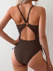 Swim Basics 1pc Women's Solid Color Drawstring Ruched Side One-Piece Swimsuit, Vacation Style For Summer - Coffee Brown - View 2