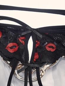 SpicyHot Bragas sexy de encaje transparente con contraste de bordado de labios y diseño calado para mujer - Negro - Ver 3