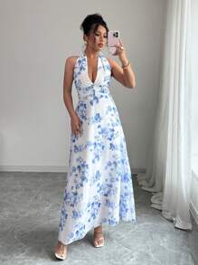 Chiquease 女士蓝色花卉印花荷叶边领口无袖连衣裙，优雅、假日、波西米亚风、柔和色彩 - 藍色 - 查看 1