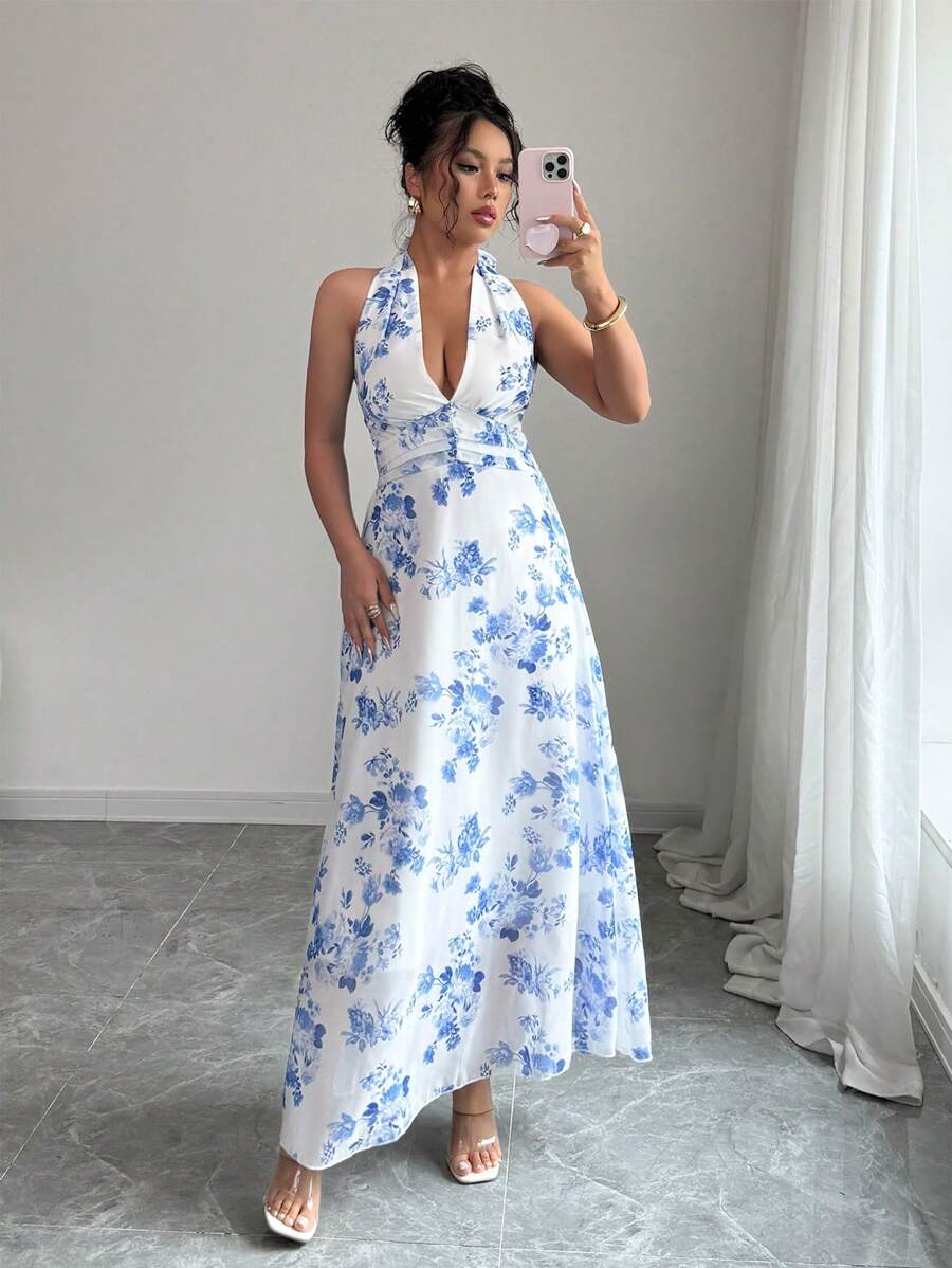 Chiquease 女士蓝色花卉印花荷叶边领口无袖连衣裙，优雅、假日、波西米亚风、柔和色彩 - 藍色 - 查看 1