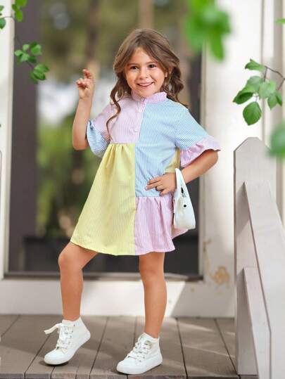 Emery Rose Kids Emery Rose Kids Rochie smock cu mânecă cu volan cu volan, cu imprimeu în dungi