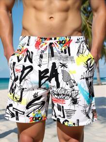 Manfinity Swimmode Men's Letter Print Drawstring Waist Pocket Beach Shorts Cute Style, Hawaiian BeachModeOn