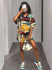 Slaydiva 2pcs 2025 Spring/Summer Jersey Casual Outfit, Retro Poster Print Women's Set - Multicolor - View 4