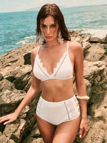 Anewsta 2 Pieces Women Premium Fashion Hollow Lace Patchwork High-Waist Bikini Swimsuit For Summer Beach Vacation - White - View 6